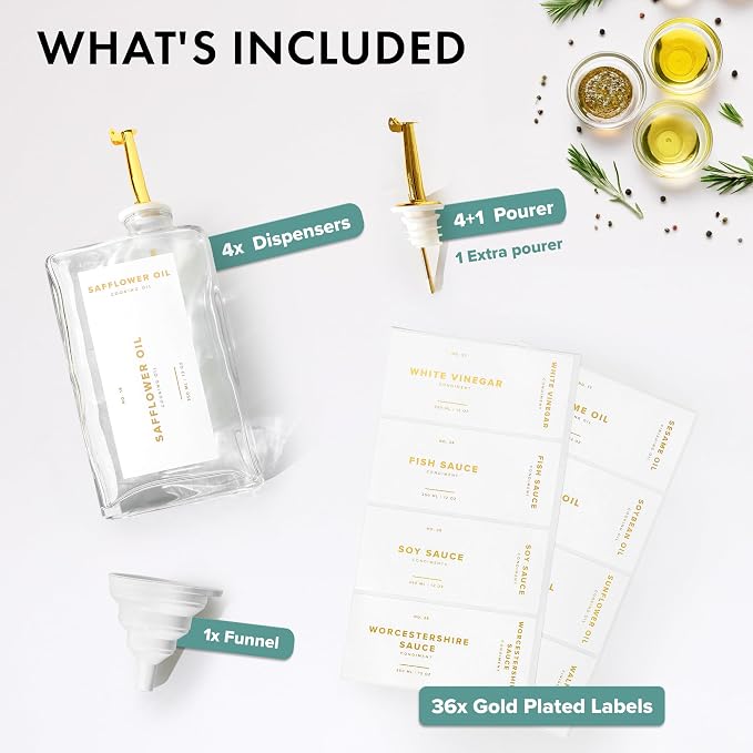 Glass Olive Oil Dispenser Bottle Set: 36 Premium Gold Labels, Oil Dispenser - Image 7