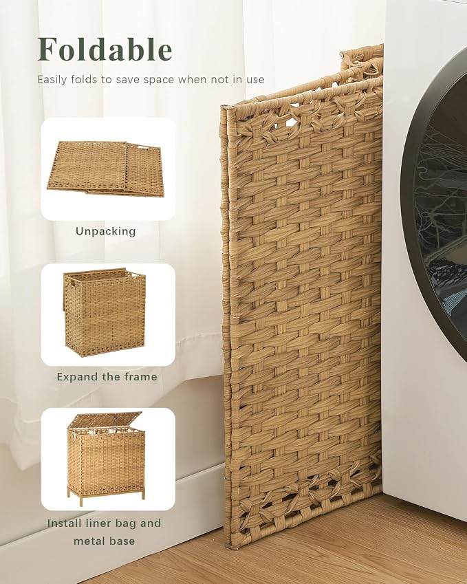 Laundry Hamper with Lid 132 L, Clothes Hamper with Lid, Handwoven Rattan - Image 7
