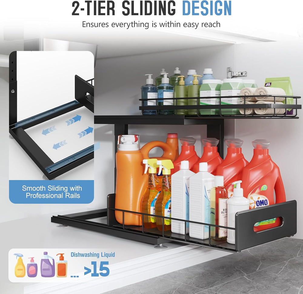 Under Sink Organizer Upgrade To Professional Rails,2-Tier Dual Pull Out Cabin...
