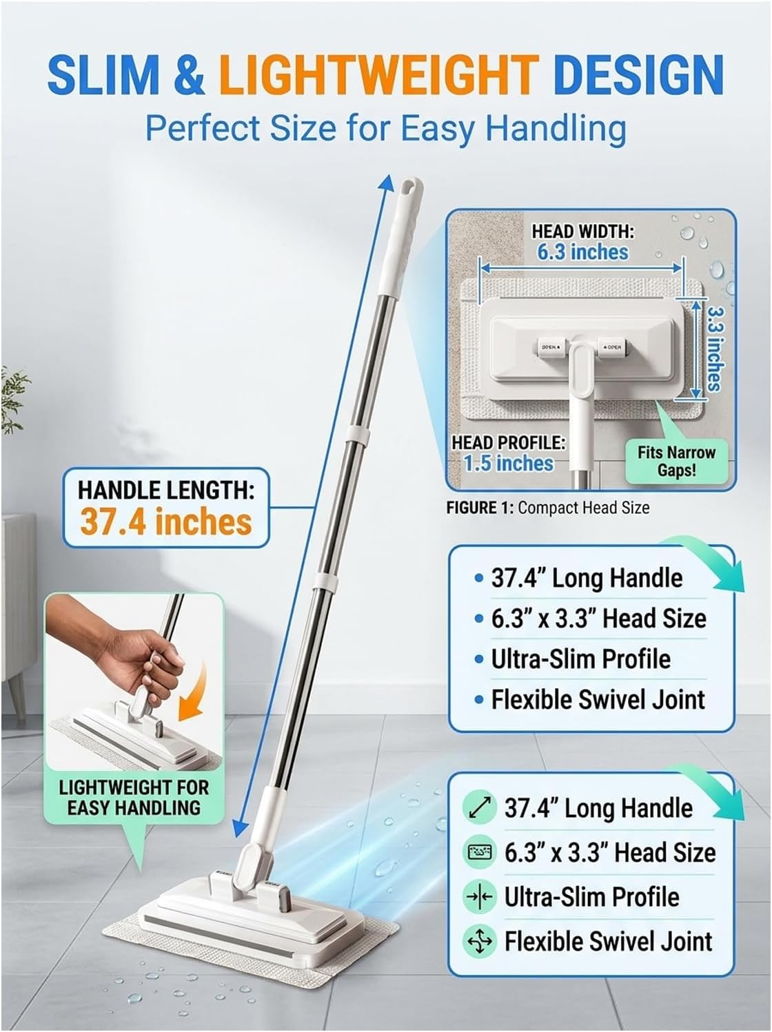 Hands-Free Multi-Purpose Flat Mop – Lazy Cleaning & Face Towel Compatible 39in Long Handle Dust with Locking Head for Wall Bathroom Toilet Corners Multi-Surface
