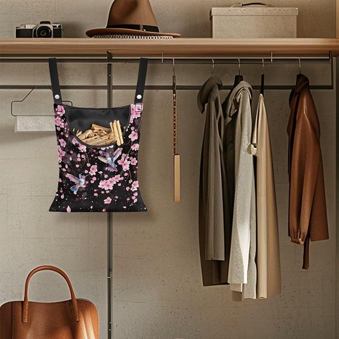 Waterproof Clothespin Bag with Hanger Hook Cherry Blossom Hummingbird - Image 5