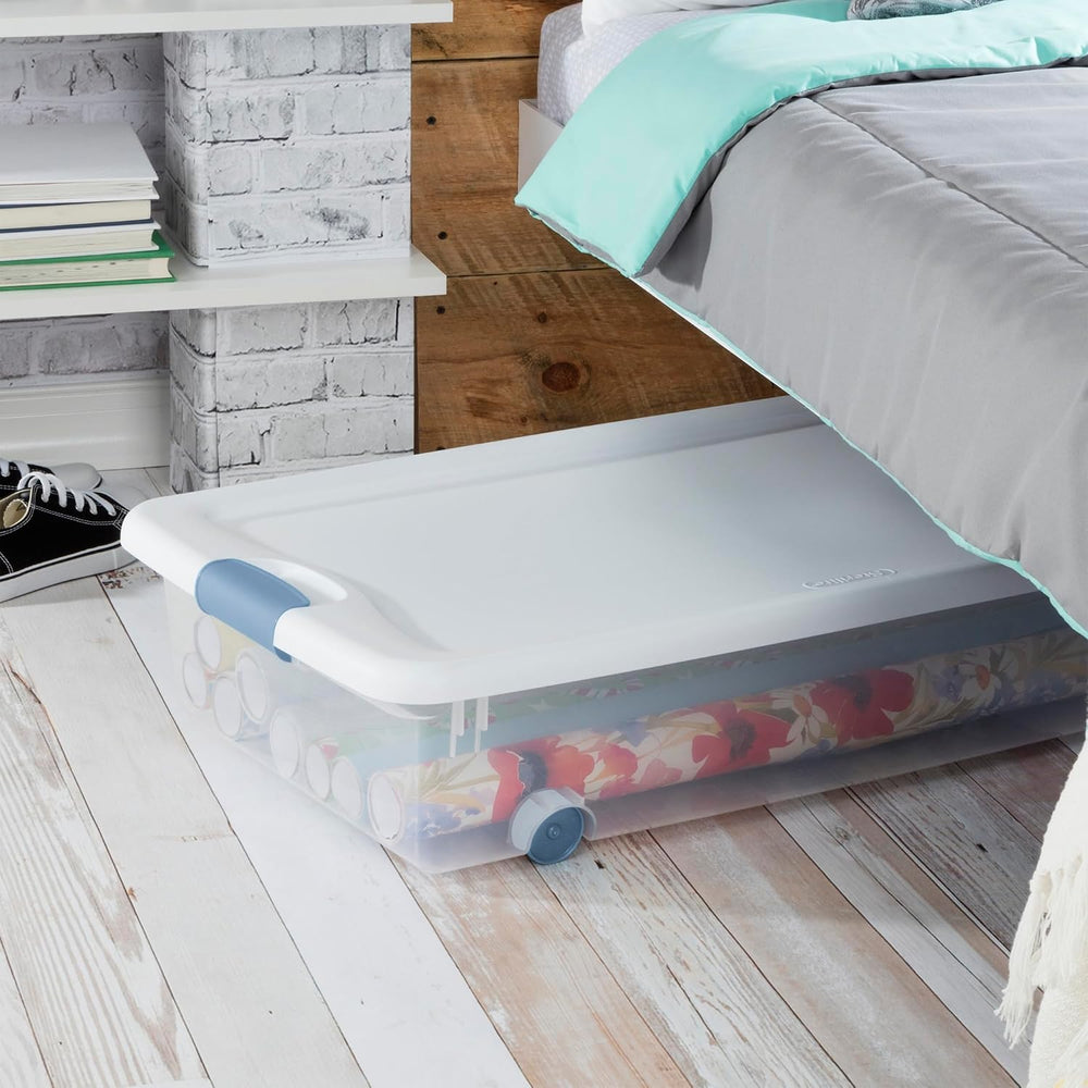 Sterilite 8-Pack Wheeled Latching Box, Plastic Under Bed Storage Bins with Li...