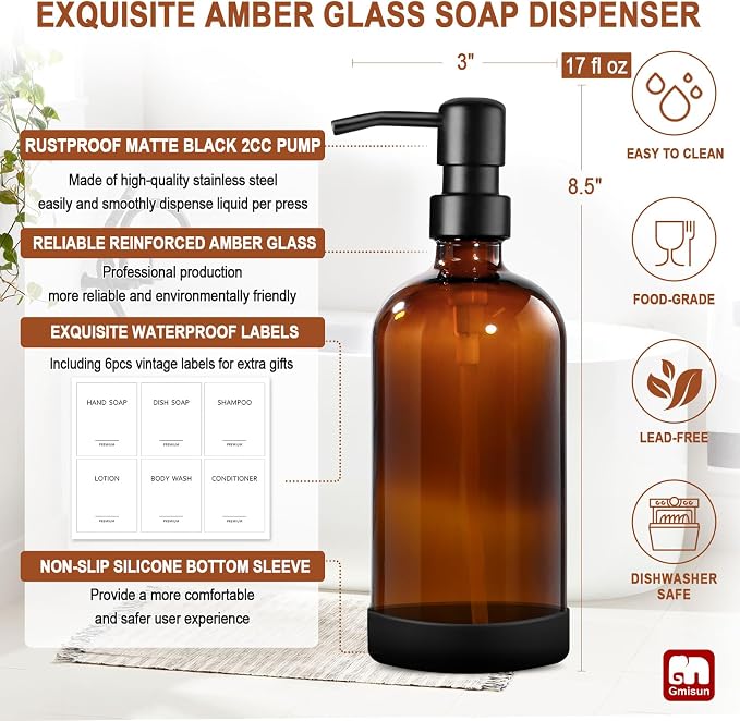 GMISUN Amber Glass Soap Dispenser - Image 3