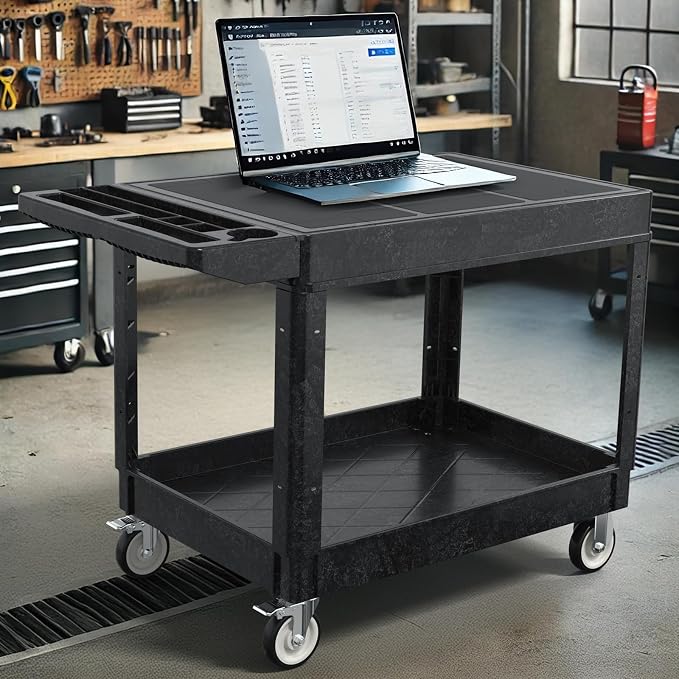 Large Garage Flat Top Utility Cart, Heavy Duty 2 Shelf Tool Cart Service Cart - Image 2