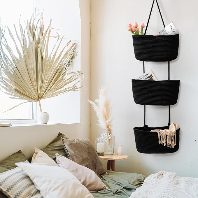 TeoKJ Over the Door Organizer, 3-Tier Woven Cotton Hanging Kitchen Baskets - Image 4