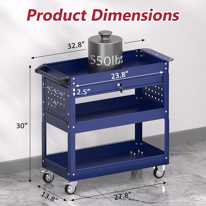 3 Tier Rolling Tool Cart on Wheels, Heavy Duty Service Cart Industrial Utility - Image 5