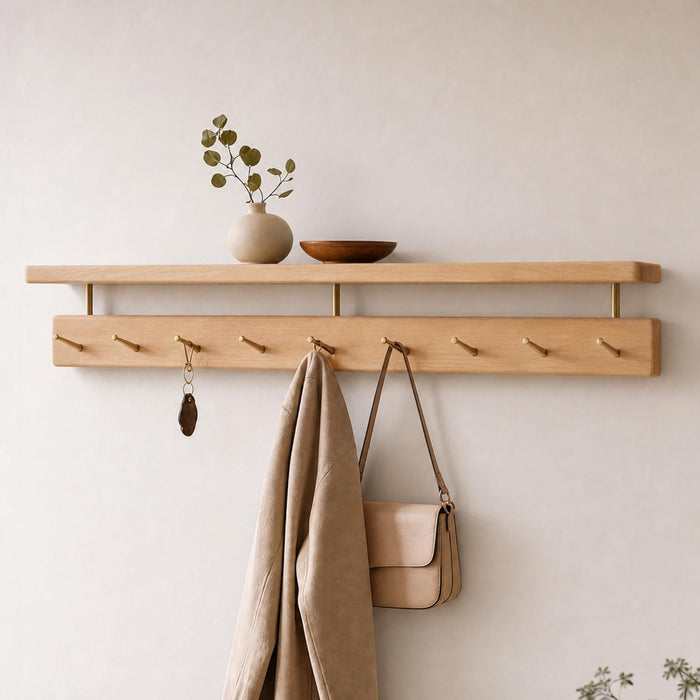 Solid Wood Wall Hooks with Shelf, Coat Rack Wall Mount, Entryway Hanging Shelf with 9 Brass Hooks for Hats, Clothes, Towels, Bags, Beech Wood, Natural