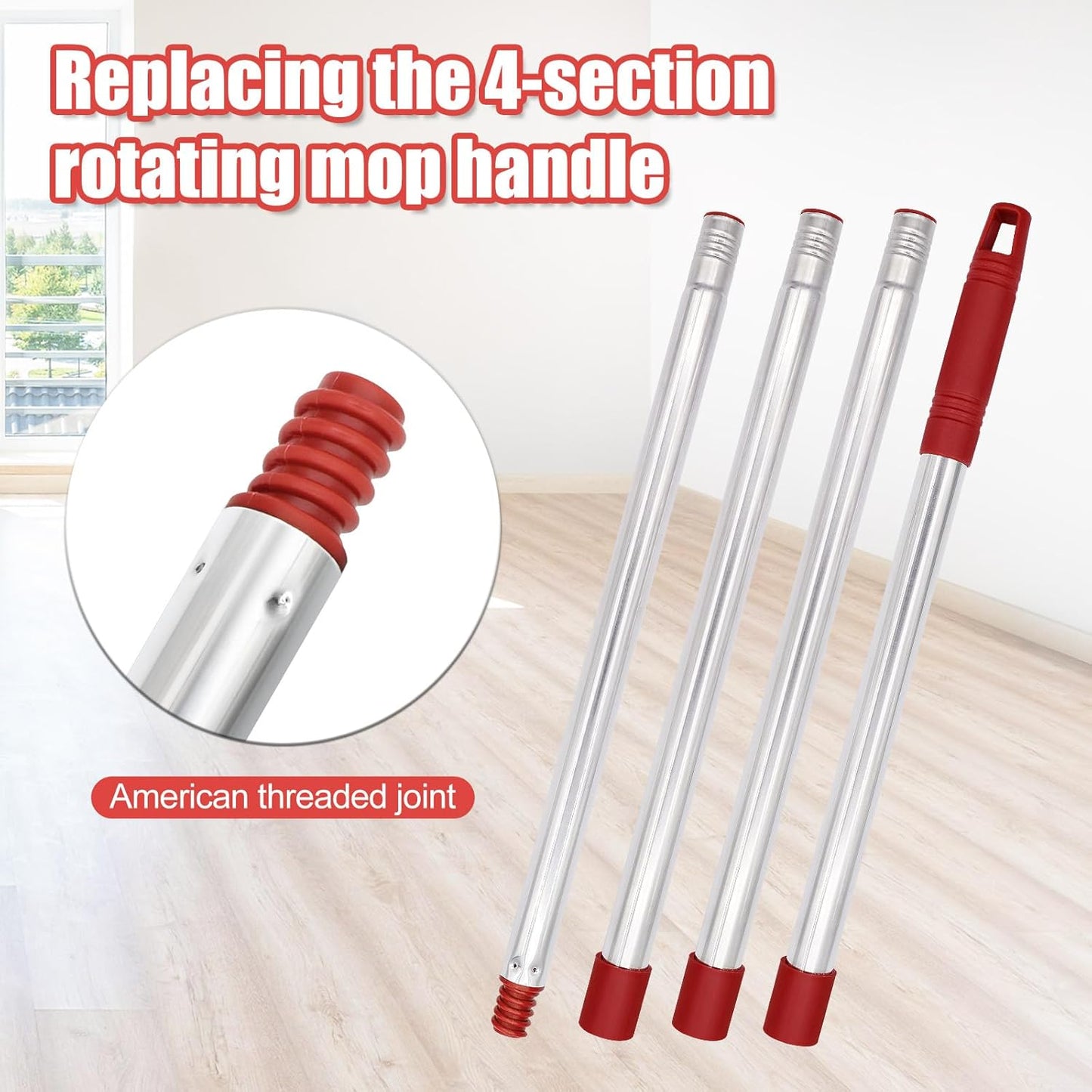 4-Section Spin Mop Handle Replacement, 30 to 58 inch Stainless Steel Handle Easy Install, Resistant to Deformation, American Threaded Joint, Compatible with O-Ceda Spin Mop Easy Wring Spin Mop Head