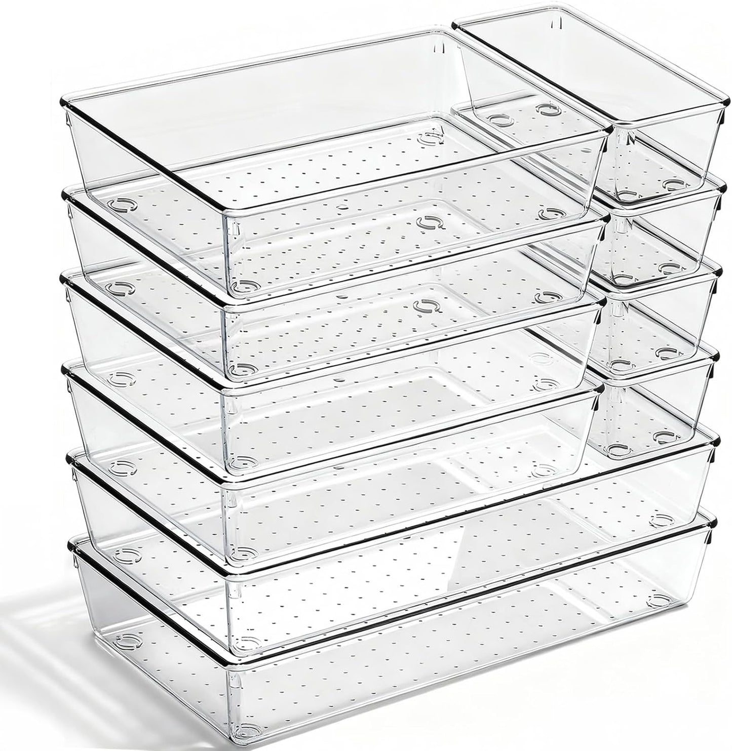 10 Pack Large Drawer Organizer Bins - Clear Plastic Bathroom Drawer Organizer Trays - Heavy Duty Kitchen Drawer Dividers for Utensils - Non-Slip Storage Bins for Makeup, Bedroom, Office Desk