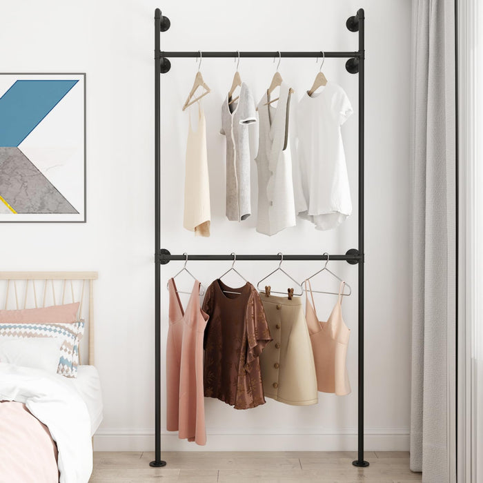 ORSENIGO Industrial Pipe Clothing Rack, Heavy Duty Metal Clothes Rack with Double Rods for Hanging Clothes, Wall Mount Space-Saving Garment Display Rack