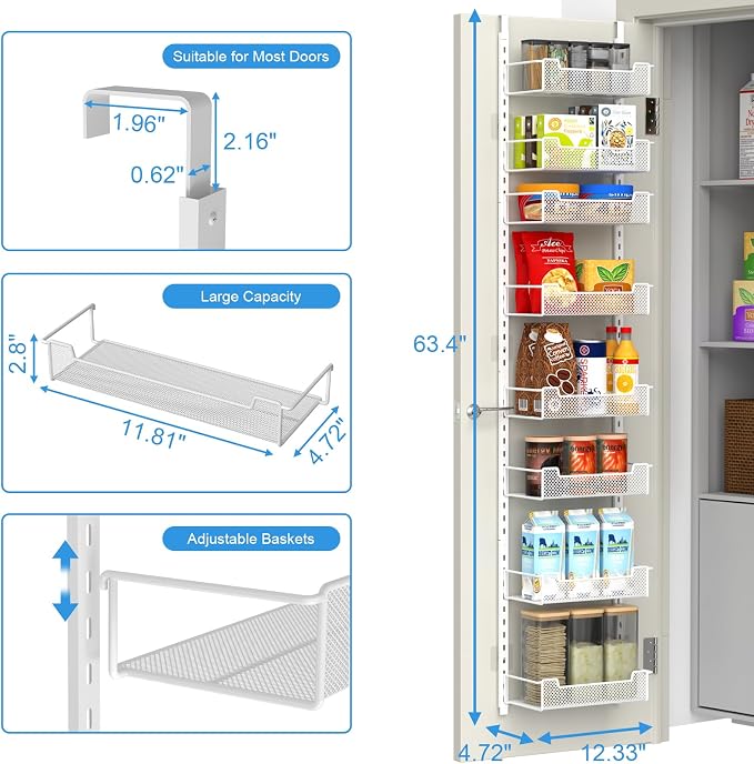 12.3" W Narrow Over the Door Pantry Organizer, 8-Tier Over the Door Organizer - Image 3