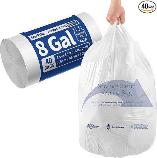 Small Trash Bags with Handles 8 Gallon 40 Count White by KeenEcho