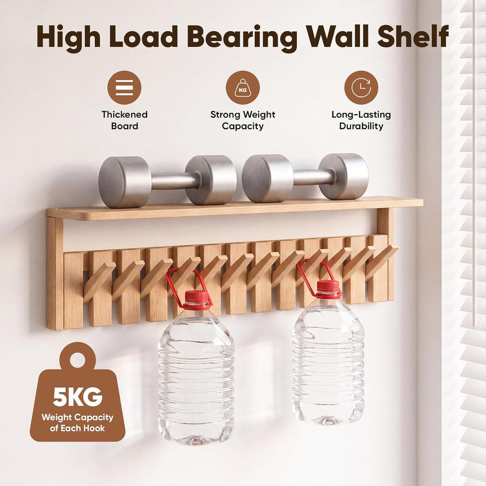 Wall Mounted Coat Rack with Shelf, 12 Flip-Down Hooks, Natural