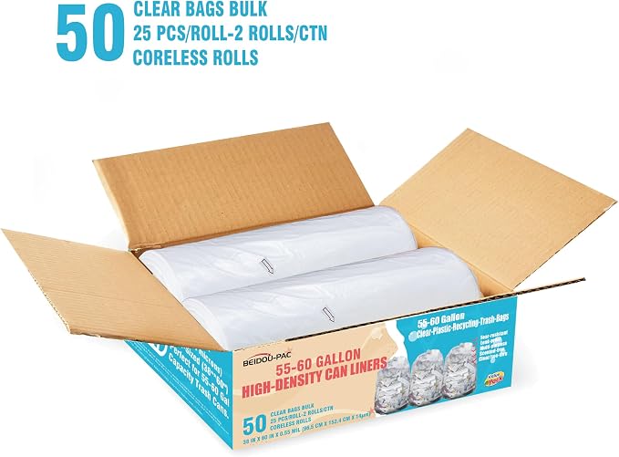 55-60 Gallon Trash Bags, Heavy Duty Clear Plastic Recycling Bags, Construction - Image 2