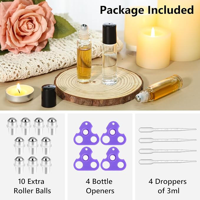 KEYWING 54 Pack Clear Essential Oil Roller Bottles – 10ml Glass Roll-On Bottles - Image 2