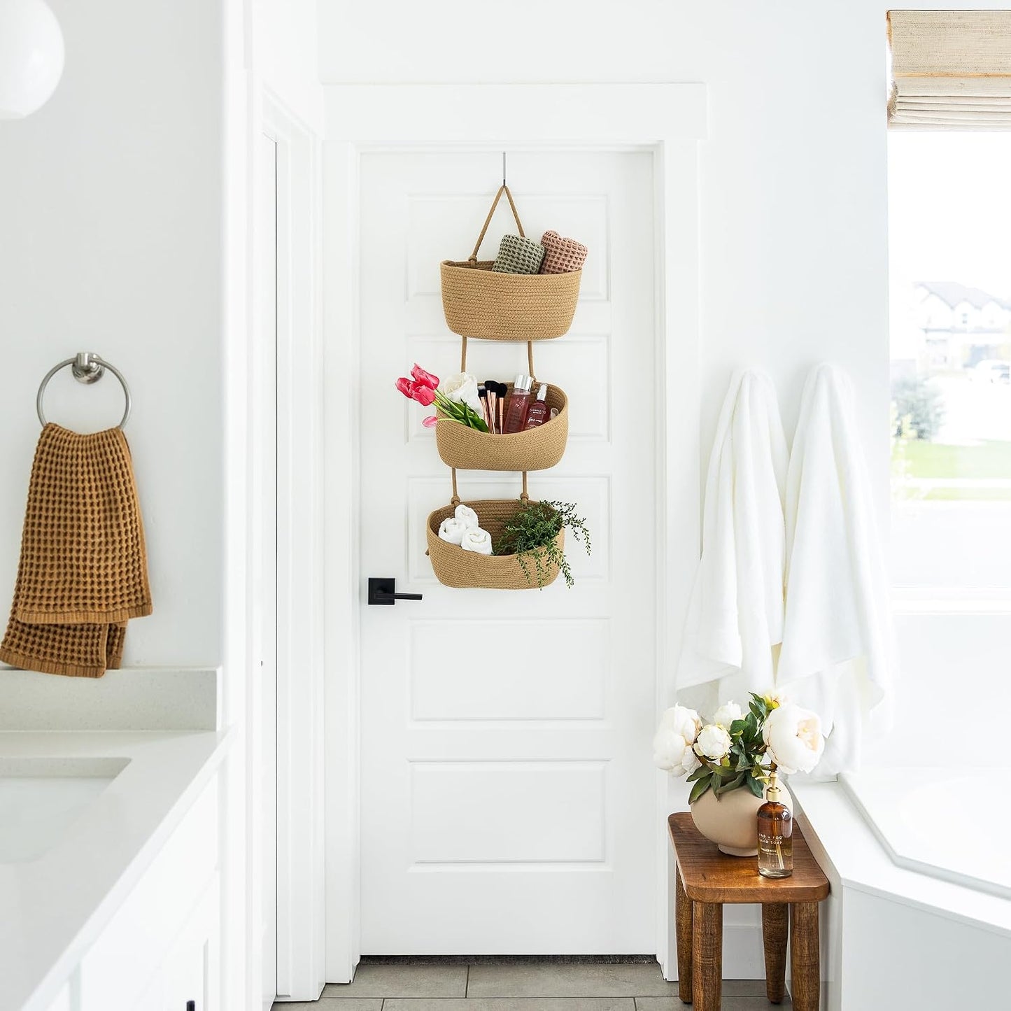 3-Tier Over the Door Hanging Basket (Set of 2) Adjustable, Detachable Woven Storage Baskets with Wall and Door Hooks - Decorative Boho Organizer for Nursery, Playroom, Bedroom, Kitchen, Apartment