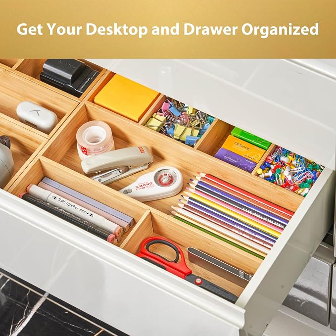 Umilife Large Bamboo Desk Drawer Organizer, Wood Junk Organizer Tray - Image 3