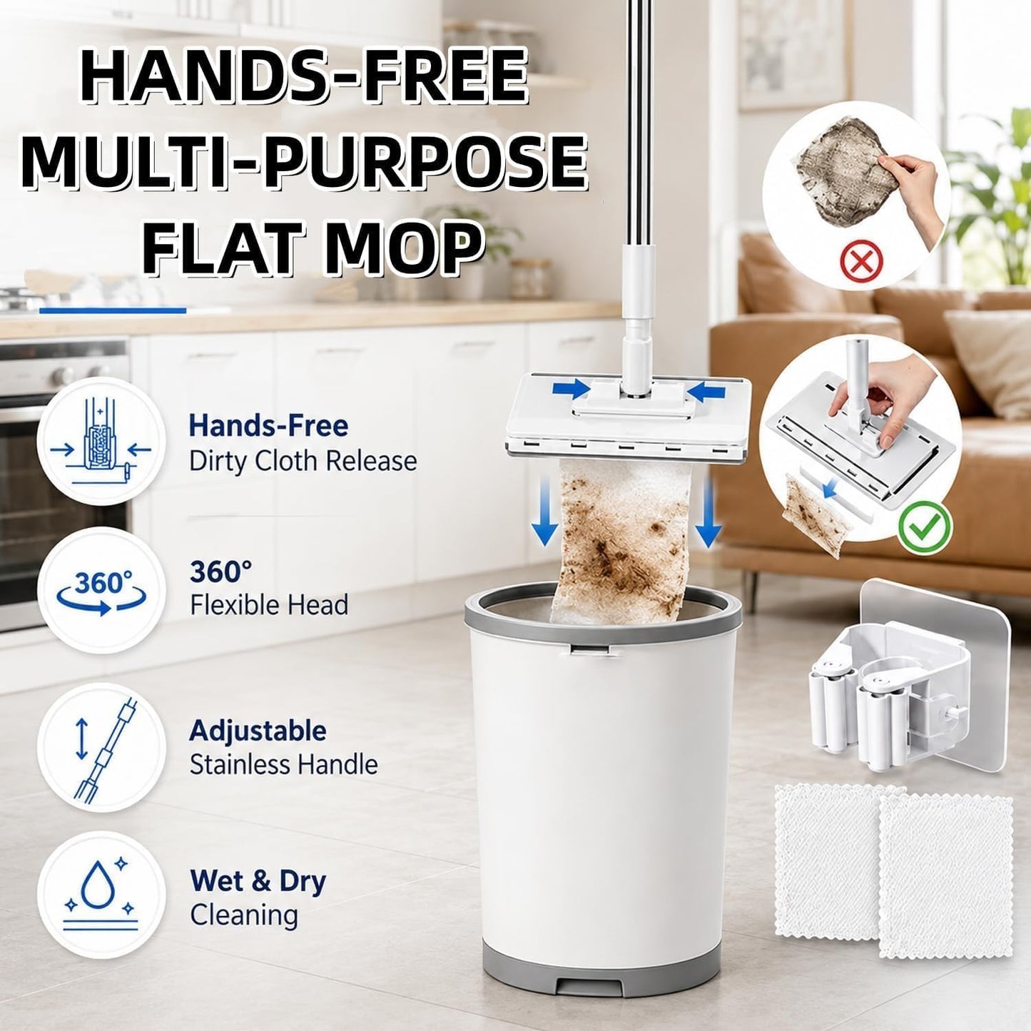 Hands-Free Multi-Purpose Flat Mop, 2026 New Hands Free Flat Mop One Click, Lazy Cleaning & Face Towel Cloth Changing Mini Mops, 360° Rotating Mops Head, for Floor, Wall, Bathroom (S(37.4in))