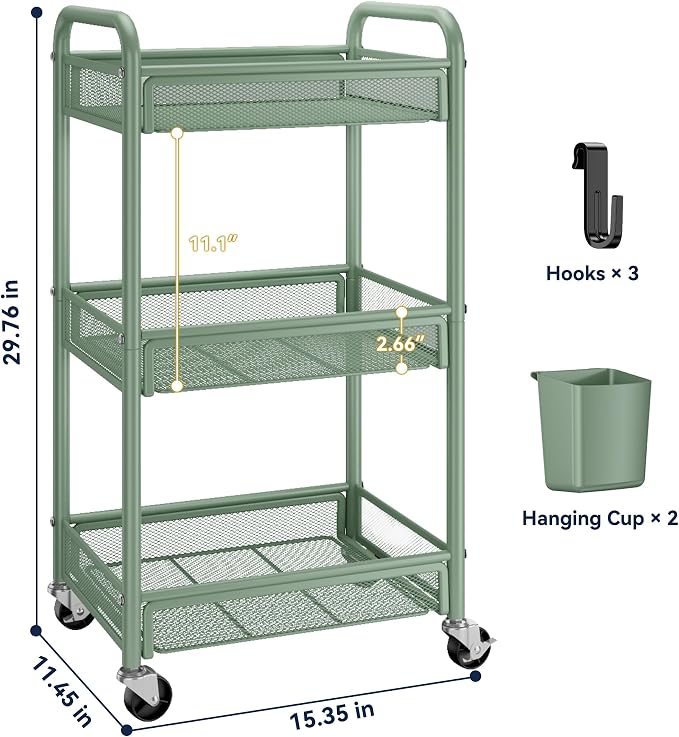 YASONIC 3 Tier Rolling Cart – Metal Utility Storage Cart - Image 6