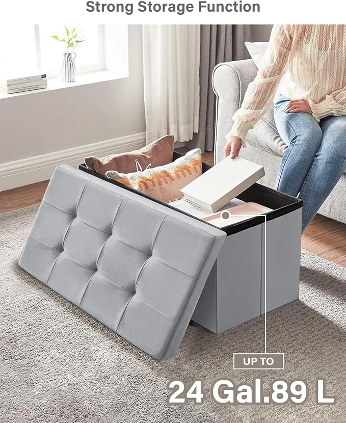 Folding Storage Ottoman, Velvet Storage Bench, Removable Divider, - Image 3