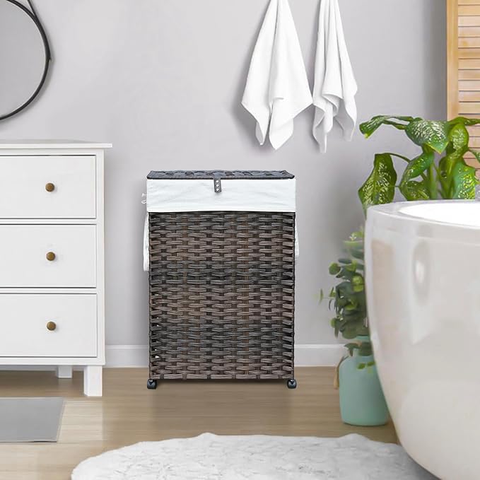 70L Slim Laundry Hamper with Lid & Wheels, Rolling Laundry Basket with 2 - Image 3