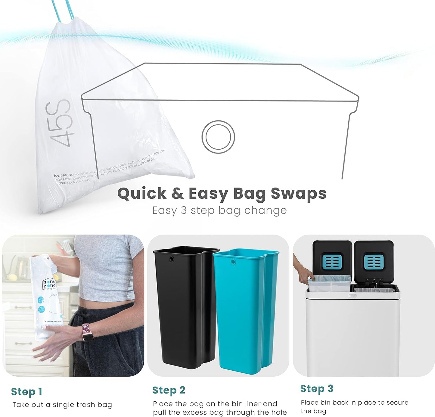 Home Zone Living 16 Gallon Kitchen Trash Can with Dual Compartments for Recycling, CleanAura Odor Control, Stainless Steel, Matte White, 60 Liters Total