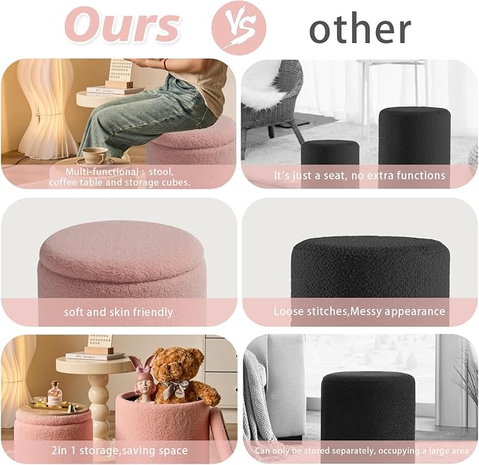 Round Ottoman with Storage Set of 2-Upholstered Sherpa Vanity Stool - Image 5