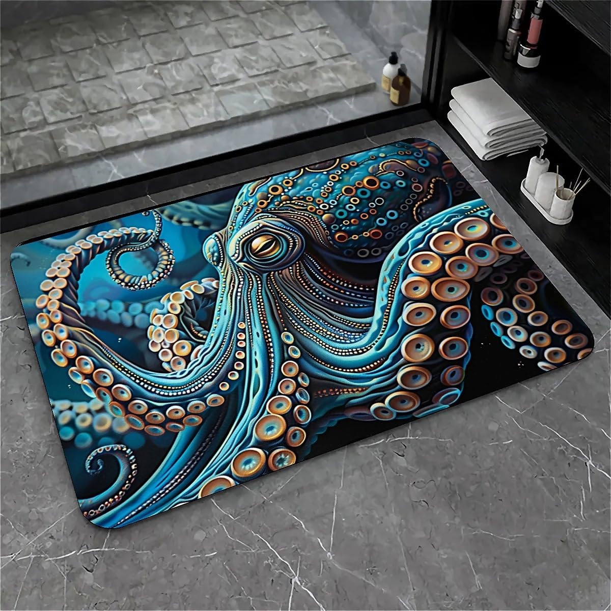 Bath Mat Rug,Blue Octopus Non Slip Quick Dry Super Absorbent Thin Bathroom Rugs Fit Under Door-Easy to Clean Bathroom Floor Mats-Shower Rug for Shower Sink Bathtub(16" x 24"in)