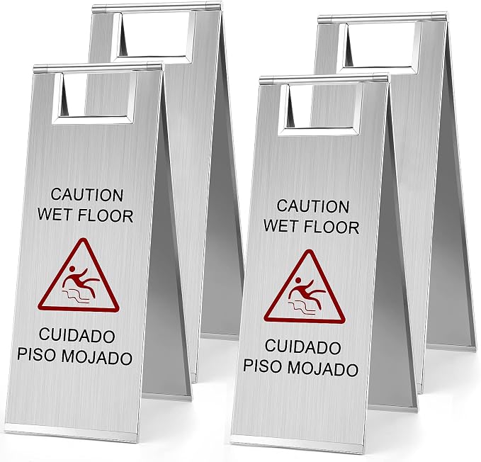 LEIFIDE 4 Pcs Stainless Steel Wet Floor Caution Sign Bulk 8.8 Pound Portable by LEIFIDE