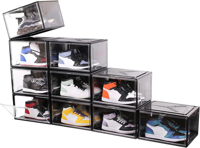 KDOR Shoe Boxes Black Plastic Stackable 10 Pack Sneaker Storage Boxes with Magnetic Door, Acrylic Display Case, Strong and Sturdy Fit Shoe Size Up to US 15（Side 10 PACK BLACK）