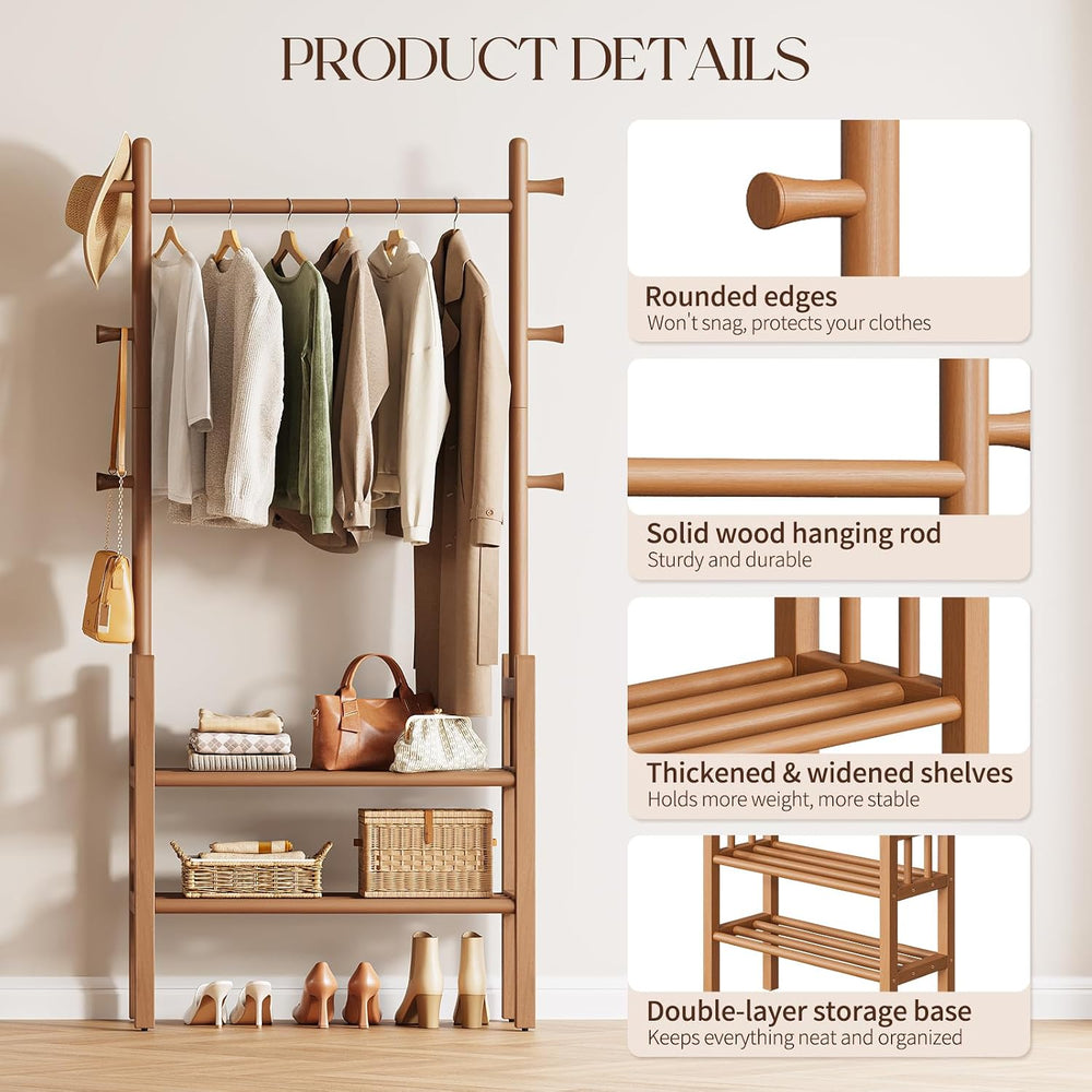 Yoobure Solid Wood Clothing Rack with Shelves - Coat Rack Freestanding with 6...