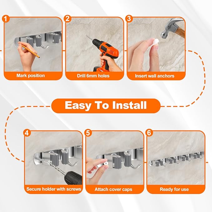 Broom Holder Wall Mount, Mop and Broom Organizer Broom Hanger Storage Tool - Image 4