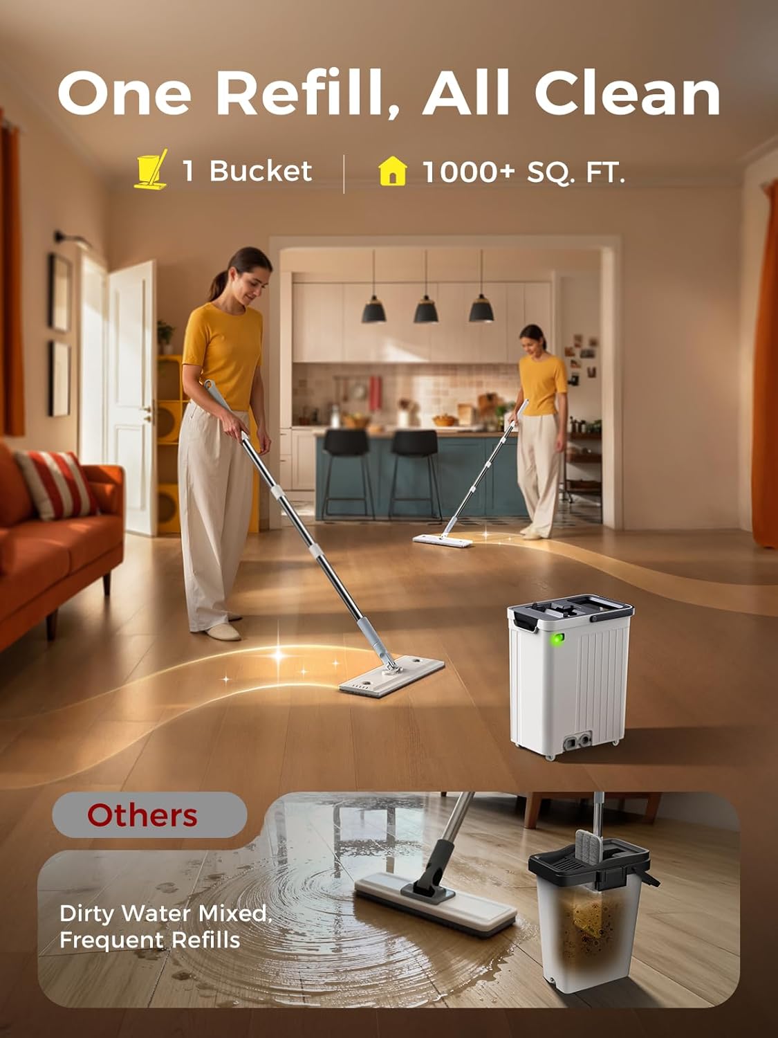 Mop and Bucket Set | Auto-Spray Cleaning | Dirty Water Separation Keep Water Fresh | Flat Mop & Bucket with Wringer | 3x Washable Pads | High-efficiency Cleaning for All Floors Tile Wall Window