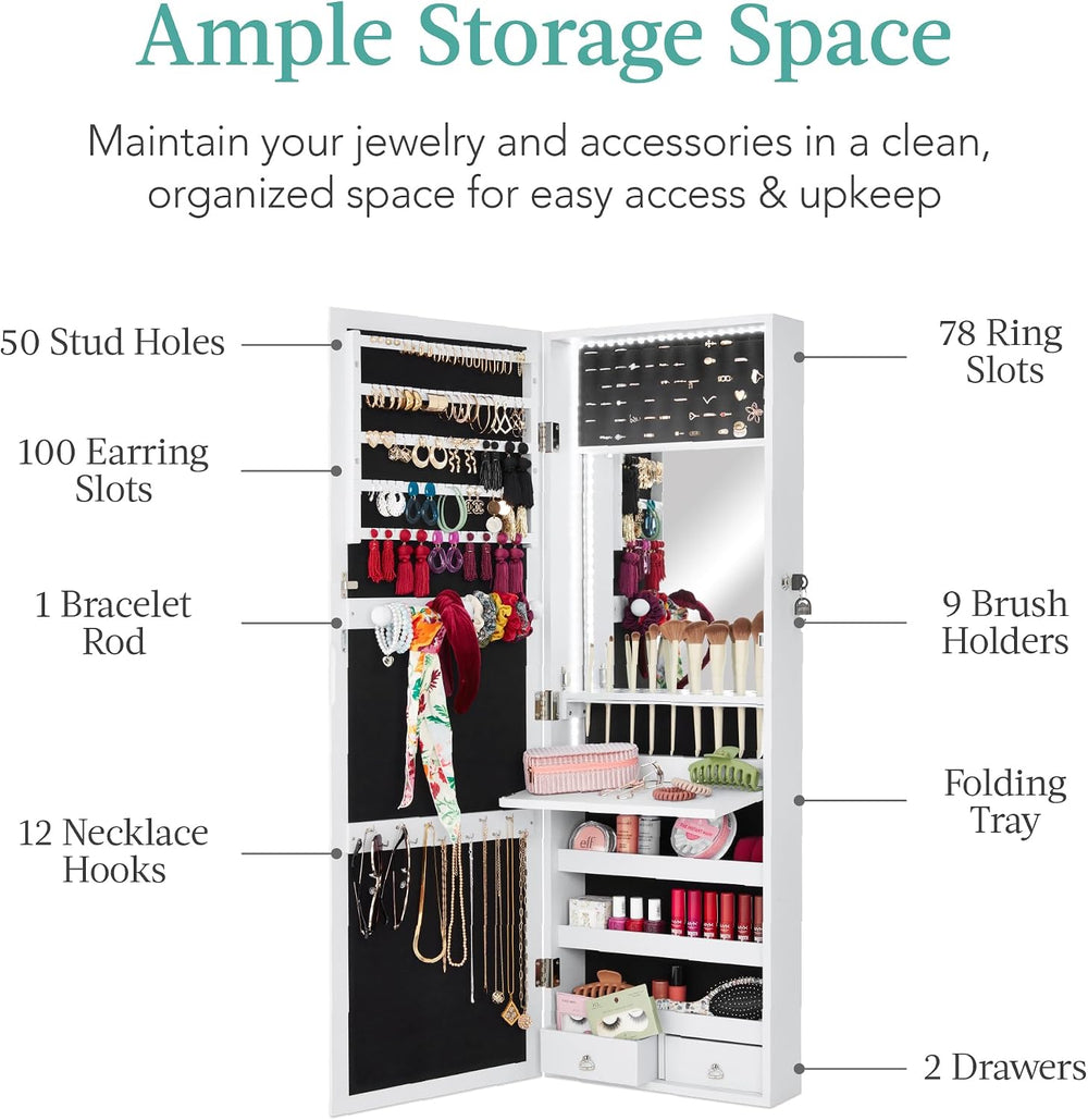 Best Choice Products LED Mirror Jewelry Cabinet, Tall Lockable Wall or Door M...