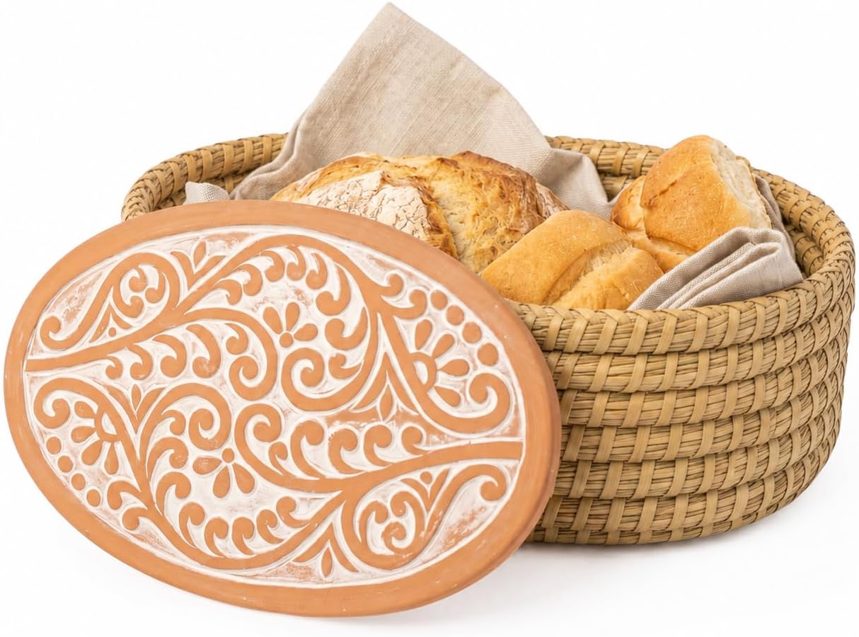 Bread Warmer Basket with Stone, Bread Basket for Serving Rolls & Sourdough | Terracotta Warming Stone Keeps Bread & Tortillas Warm, Gift for Bakers, Hostess Gift, Housewarming, Birthday