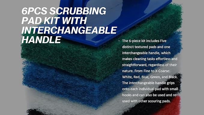 6pcs Scrubbing Pad Kit Interchangeable Reusable Handle | 5 Different Scrubbing - Image 2