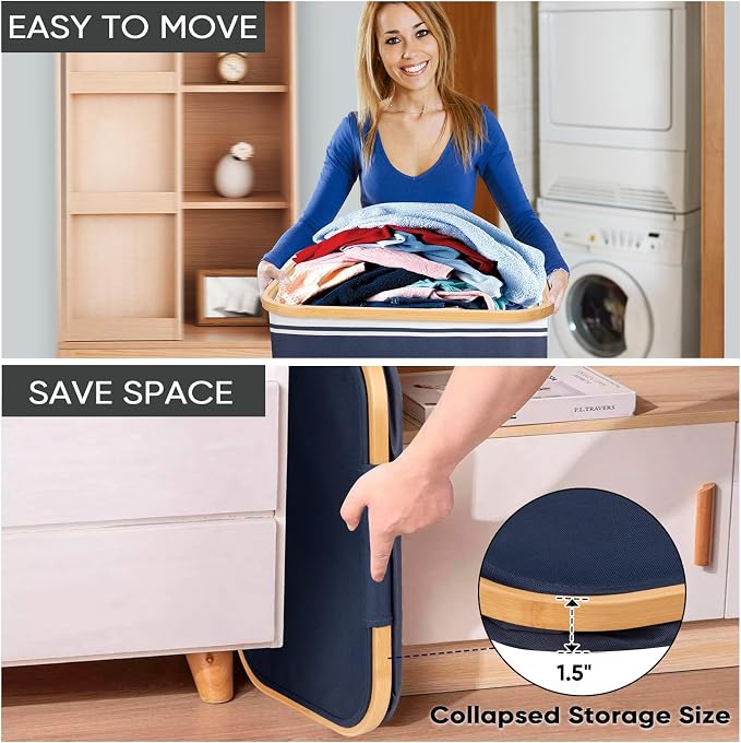 BALEINE Laundry Hamper with Lid, Tall Laundry Baskets with Bamboo Pull Handles - Image 6