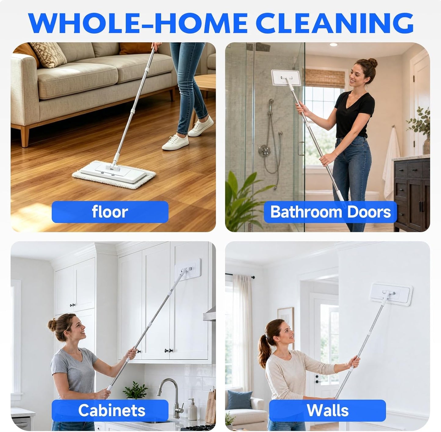 New 2-in-1 Push Clamp Lazy Mop – Hands Free Flat Mops, Quick Mopping & Sweeping, Compatible with Most Pads, Adjustable Handle, Perfect for Homes with Kids & Pets, 10 Dust Cloths(Large Flat Mop)