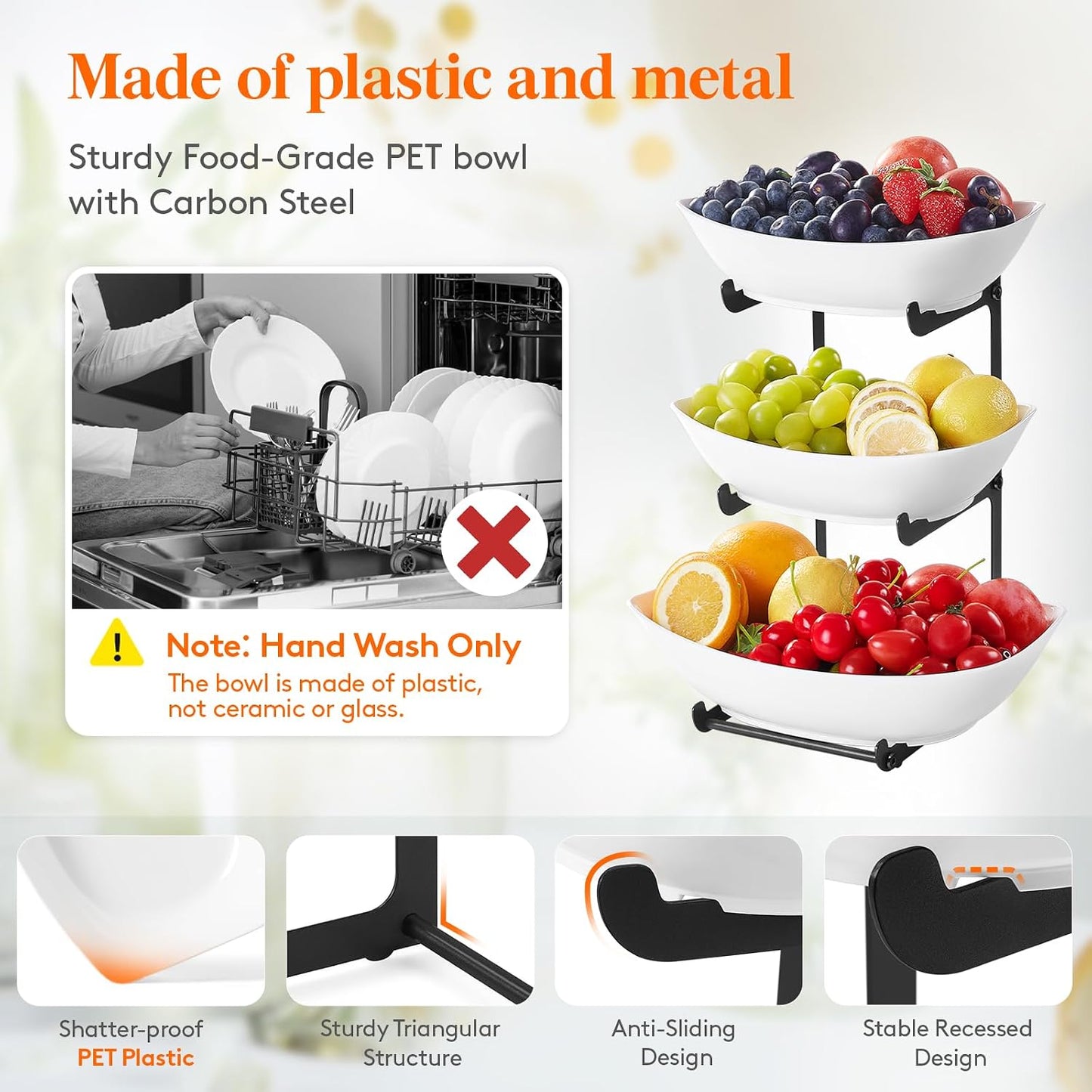 Lifewit 3 Tier Fruit Bowl for Kitchen Counter, Tiered Plastic Serving Tray | Fruit Holder with Black Metal Stand for Countertop, Tiered Serving Platters for Vegetables, Cakes, Parties & Buffets Display