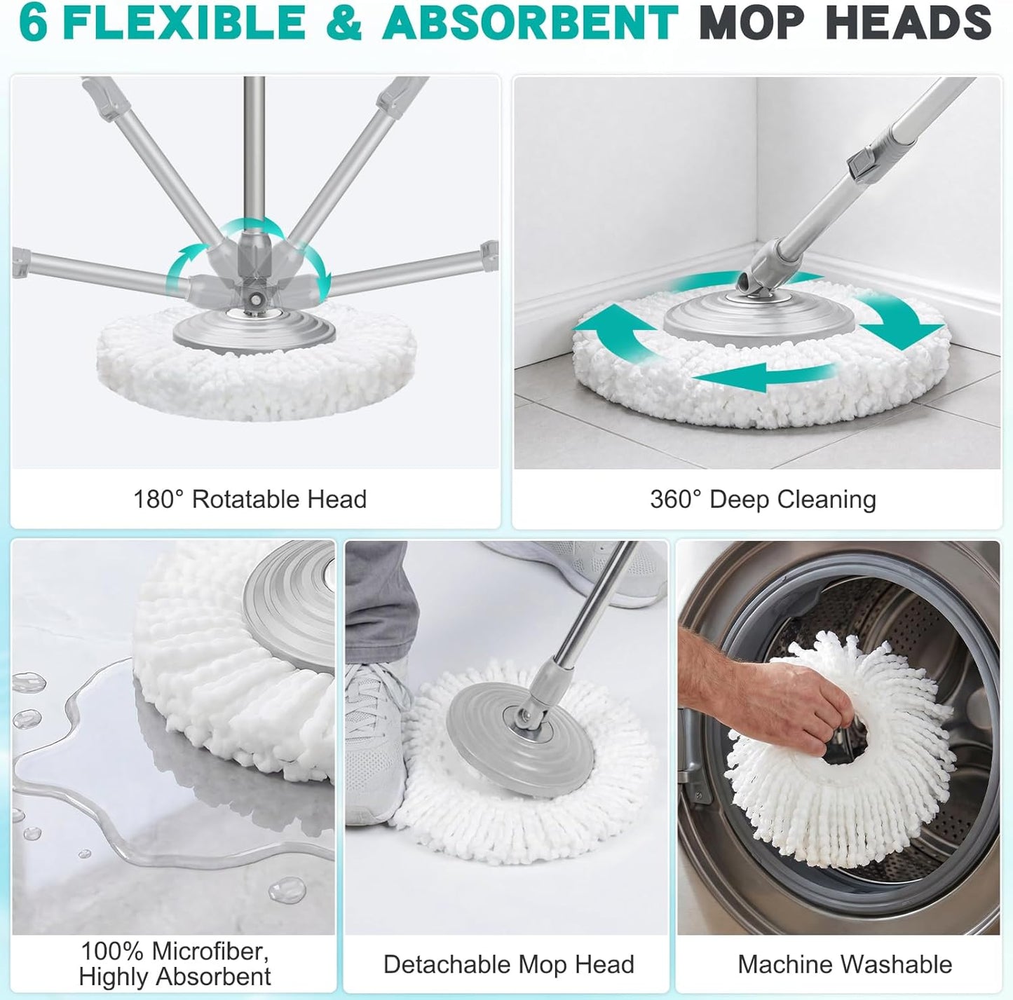 Mop and Bucket Set with Wringer, Spin Mop Floor Cleaning System with 6 Replacement Microfiber Heads & 61" Extra-Long Handle for Home Floor, Blue