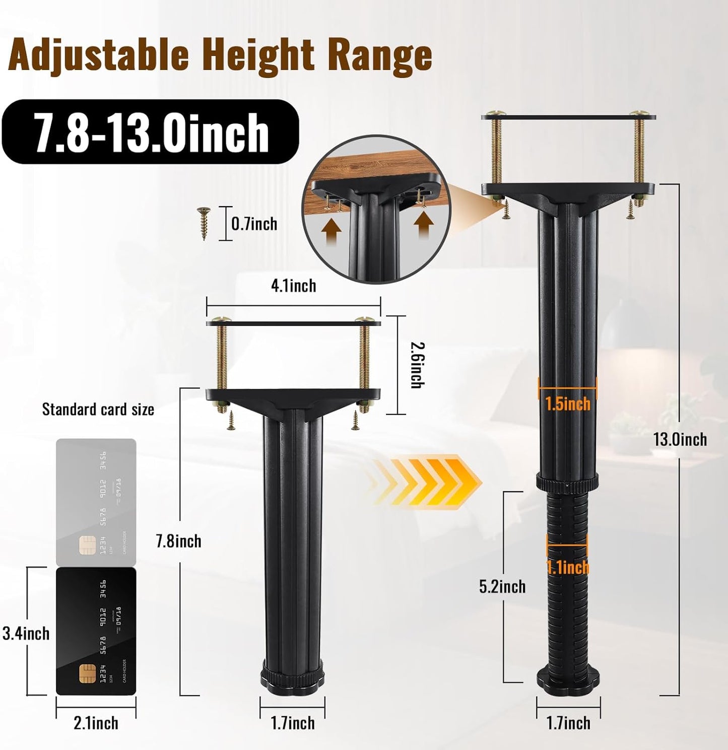 YHK 4PCS Adjustable Height Bed Support Legs 7.8-13.0inch, Heavy Duty Bed Frame Support Legs for Bed Slat and Frame, Plastic Bed Frame Support Replacement Bed Support Reinforcement Parts