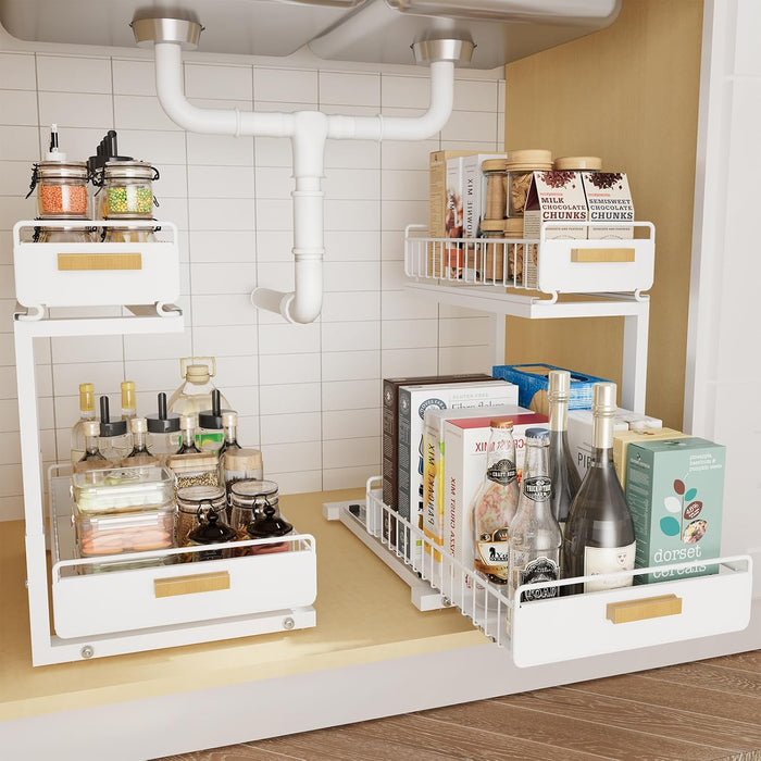 2 Pack Under Sink Organizer with Ball Bearing Sliding Drawer, Heavy Duty Pull Out Cabinet Organizer, 2 Tier Adjustable Storage Rack for Kitchen Bathroom, Space Saving Design, White