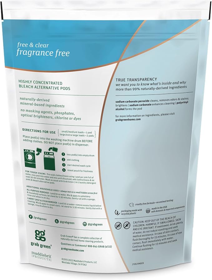 Grab Green Bleach Alternative Pods, Chlorine Free, Fragrance Free, Plant and - Image 2