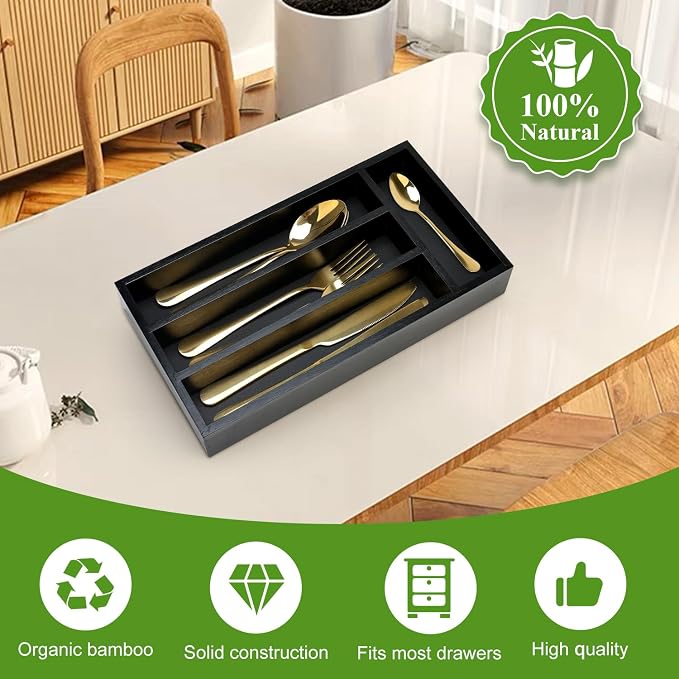 Small Wooden Silverware Organizer Tray Narrow Kitchen Drawer Dividers Utensil - Image 7