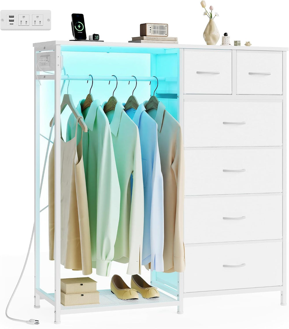 SONGMICS Dresser with Hanging Rod, Closet Organizer with 6 Fabric Drawers