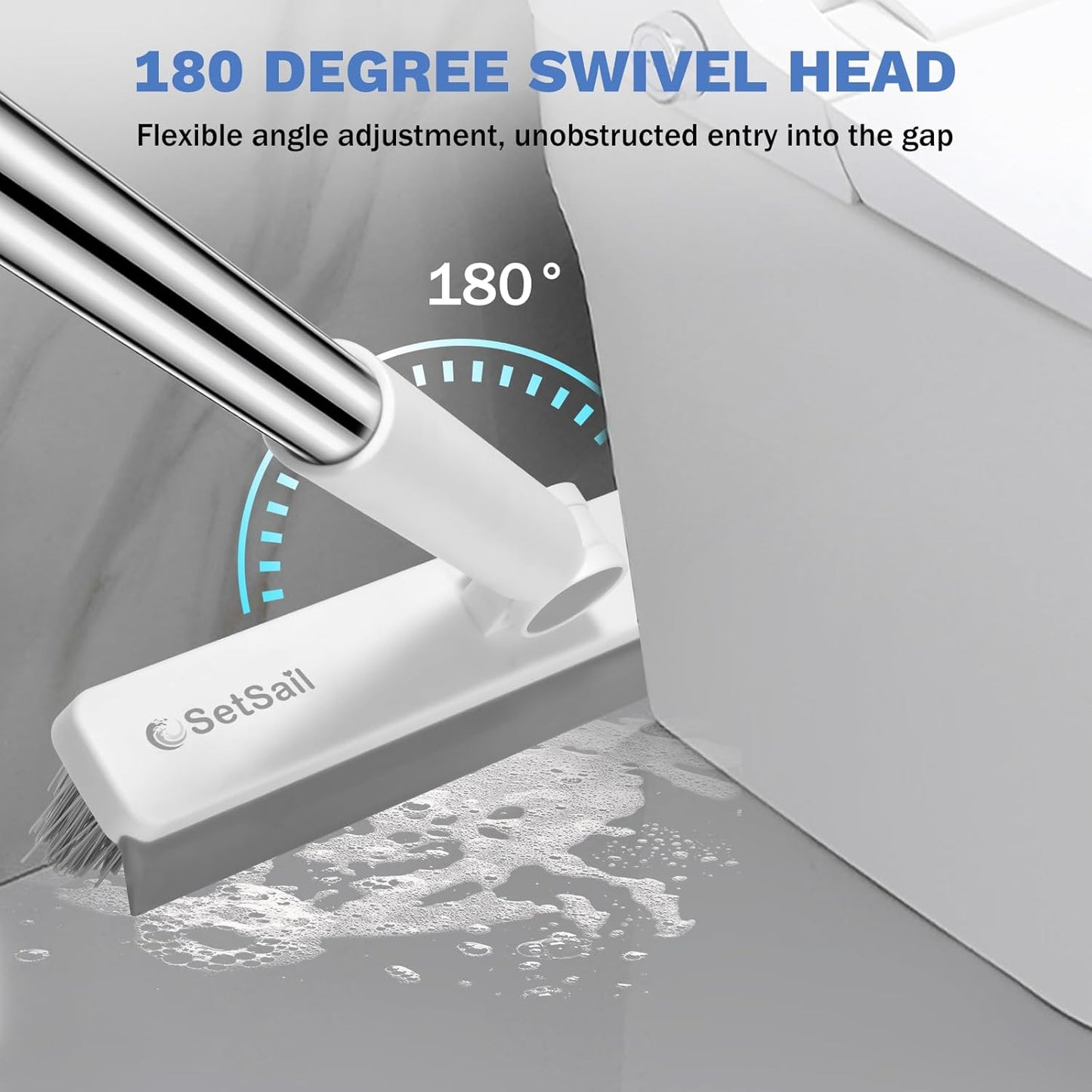 SetSail Grout Cleaner Brush with Long Handle, V-Shaped Floor Scrub Brush Swivel Grout Brush Stiff Bristle Floor Grout Scrubber for Bathroom, Tile Line, Crevice, Kitchen, Wall, Deck, Garage, White Grey