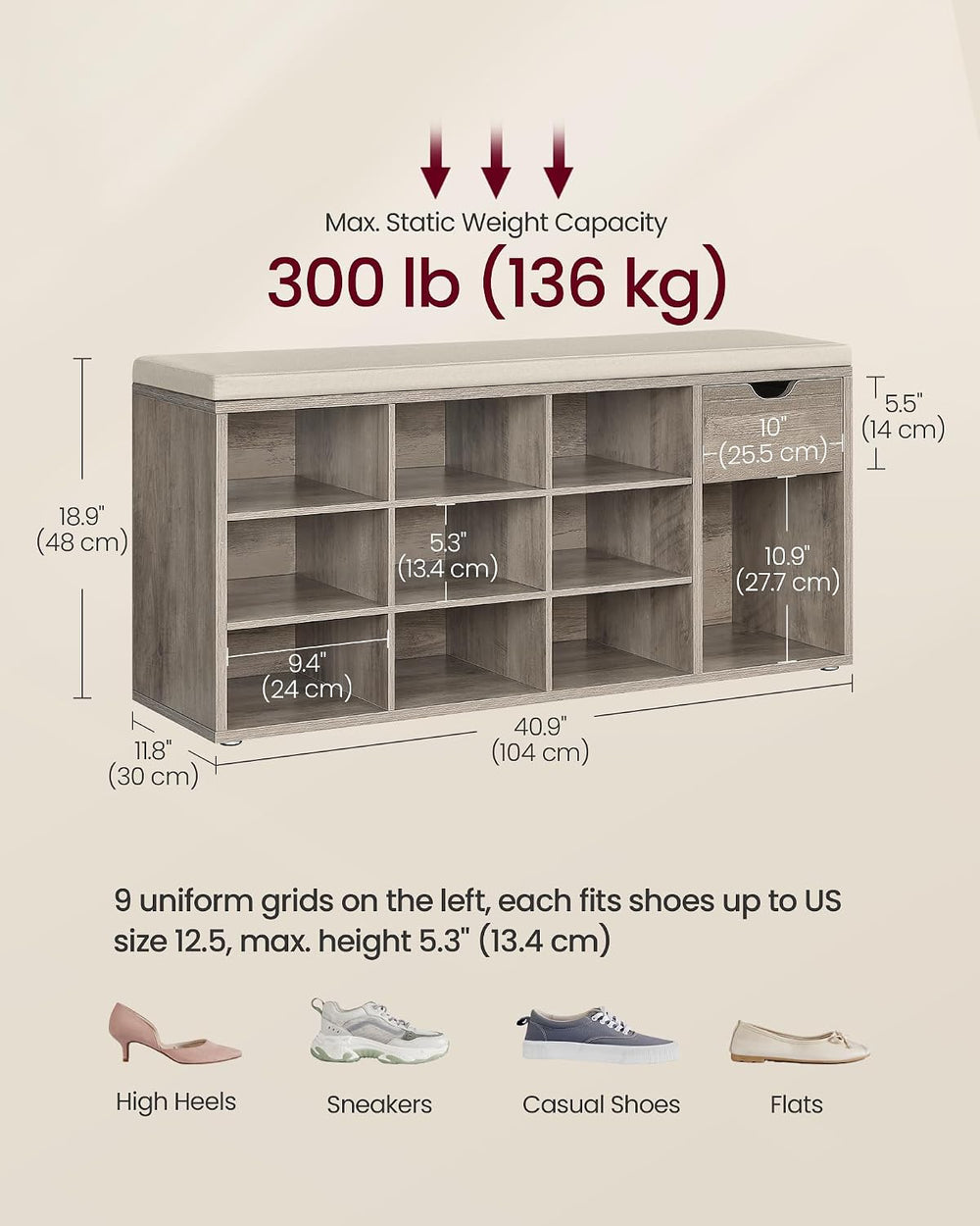 VASAGLE Shoe Bench with Cushion, Storage Bench, 10 Compartments
