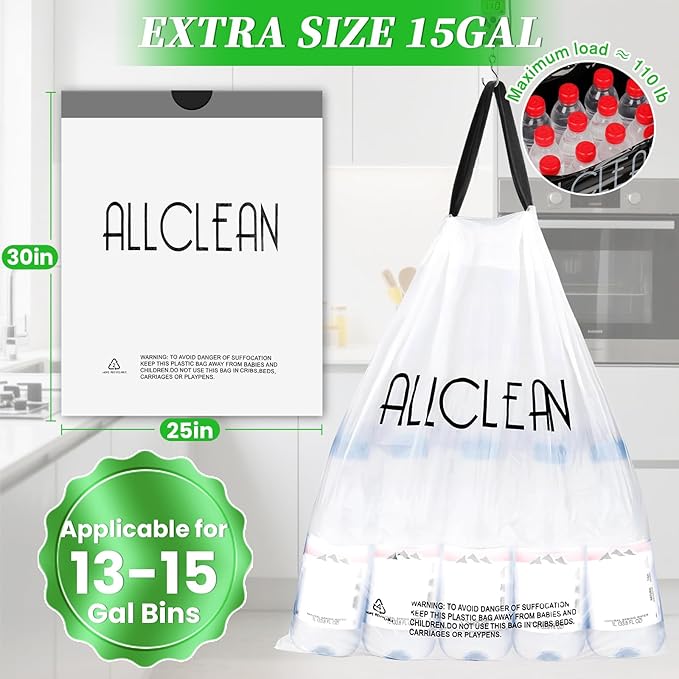 Trash Bags 15 Gallon Tall Kitchen Drawstring Garbage Bags, Fit 13-15 Gal Bins - Image 6