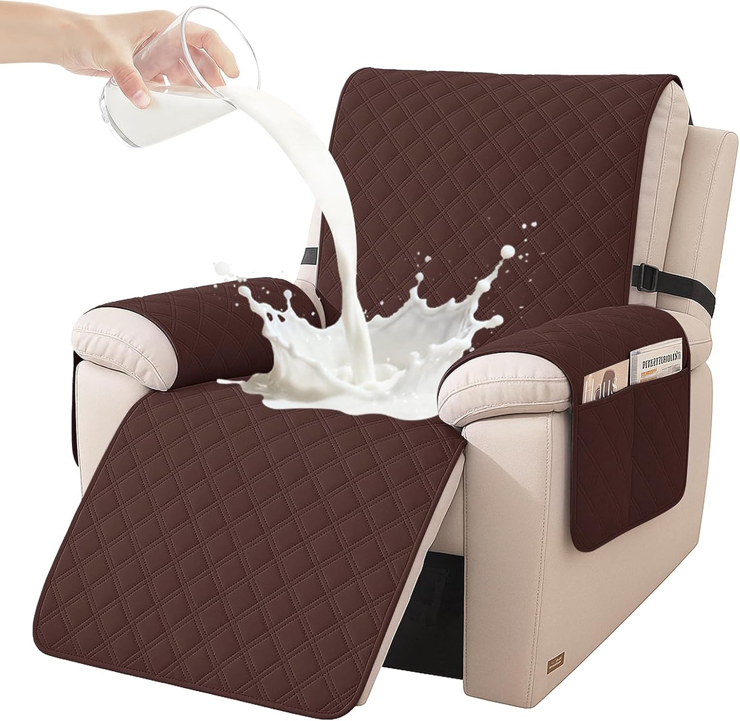 Waterproof Recliner Chair Covers, Recliner Covers that Stay in Place, Electric Recliner Cover, Recliner Covers Washable with Pocket, Elastic Straps for Kids, Pets, Dogs (Brown, 23")