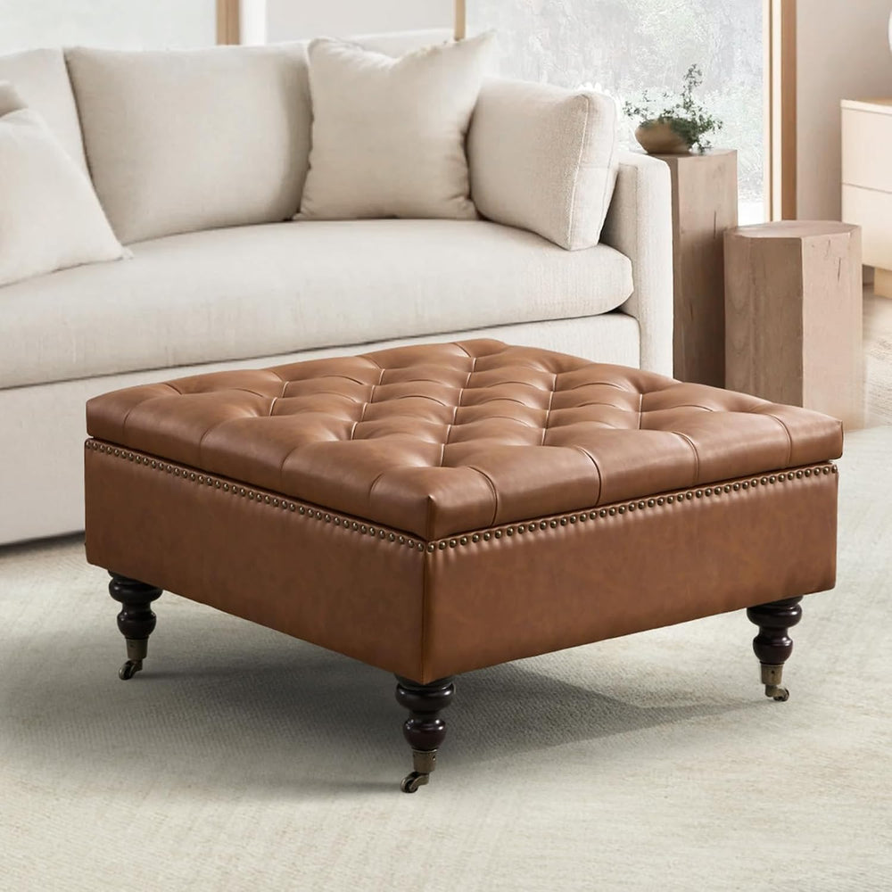 Square Ottoman Coffee Table, Large Leather Ottoman with Storage